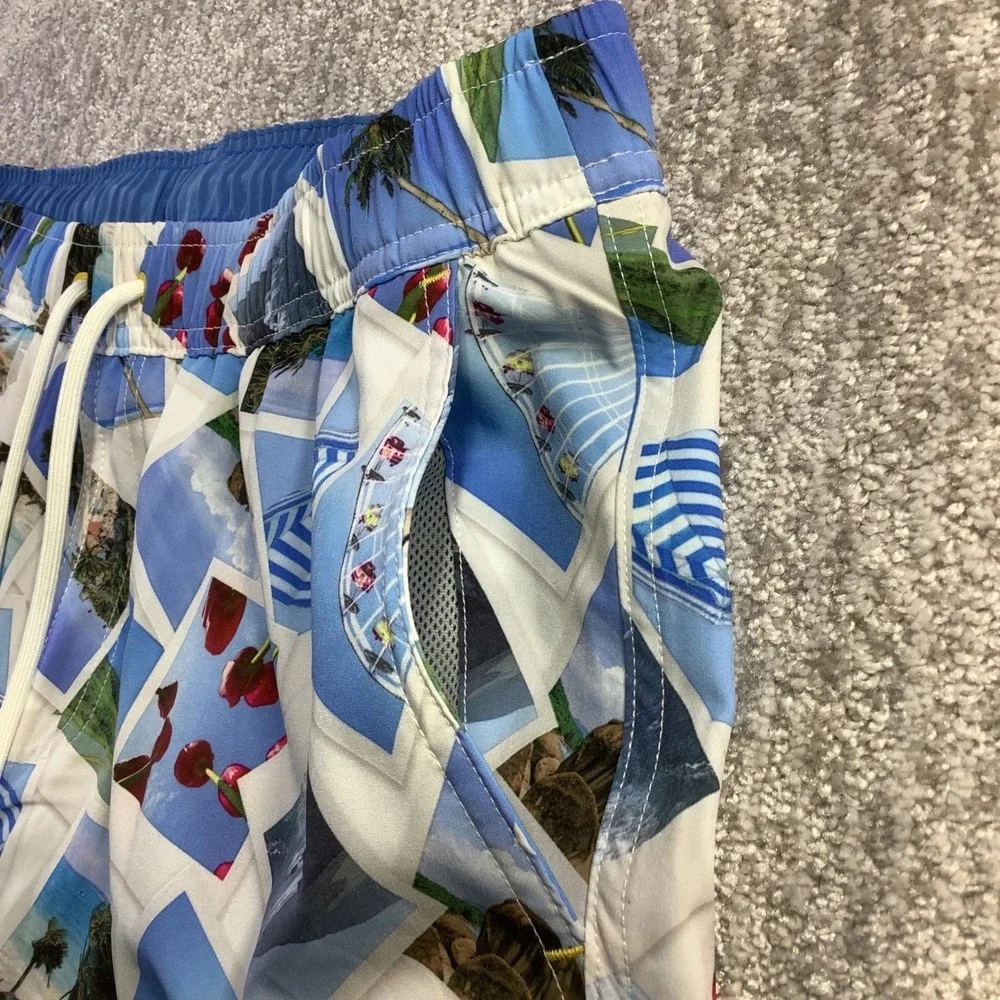 Scotch & Soda Mens Volley Swim Shorts Polaroid Print White Blue Size M NWT